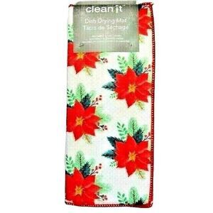 Poinsettia Dish Drying Mats Red Green on White 2pc Reversible Christmas Kitchen